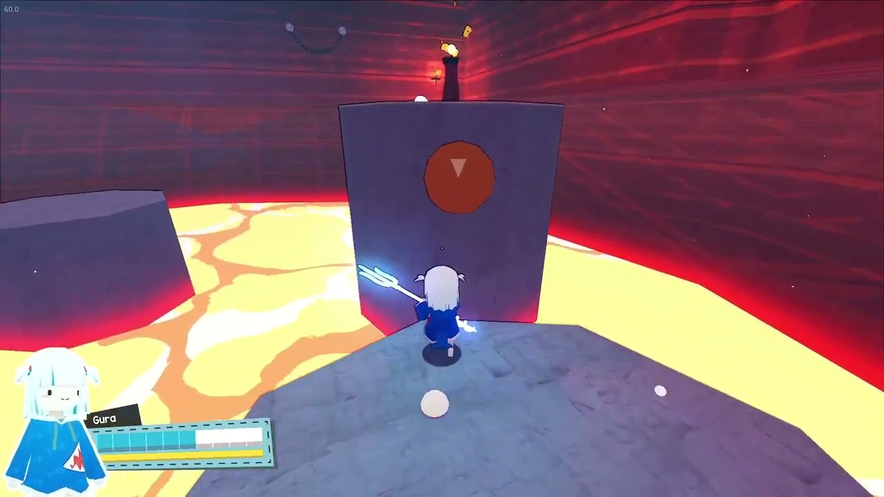 Gura holding a glowing trident on a lava fortress platform in Quest for Bread
